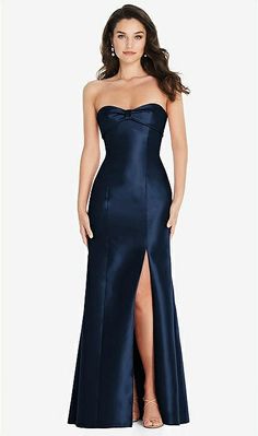 Bow Cuff Strapless Princess Waist Trumpet Bridesmaid Dress In Midnight Navy | The Dessy Group Midnight Blue Bridesmaid Dresses, Prom Dress Inspo, Alfred Sung, Strapless Prom Dress, Strapless Prom Dresses, Hourglass Silhouette, Maid Of Honour Dresses, Blue Bridesmaid Dress, Trumpet Gown