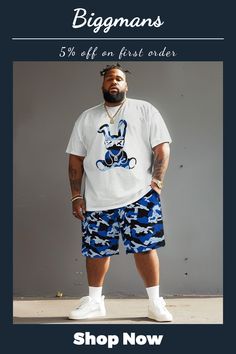 Step up your streetwear game with our Biggmans Plus Size Camo Rabbit Print Two Piece Set! This cool and playful outfit features a white t-shirt with a blue camo rabbit graphic and matching shorts, perfect for a laid-back yet stylish look. Get 5% off on your first order when you shop now at Biggmans! #plusizefashion #menstyle #bigandtall #camoprint #casualoutfit #biggmanstore Men Outfits Casual Summer, Plus Size Men Outfits, Outfits For Big Men, Rabbit Graphic, Summer Streetwear, Men Store, Party Summer, Rabbit Print, Blue Camo