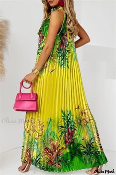 Olivia Mark - Chic Bohemian Printed Half Turtleneck Maxi Dress with Pleated Detail Yellow Pleated Beach Dress, Green Pleated Maxi Dress For Vacation, Bohemian Pleated Maxi Dress For Beach, Multicolor Pleated Maxi Dress For Vacation, Yellow Pleated Maxi Dress For Summer, Turtleneck Maxi Dress, Pleated Long Dress, Spaghetti Strap Maxi Dress, Chic Bohemian