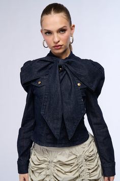 WAIT FOR U BLOUSE WITH BOW Collar Outfits, Denim Bows, Waiting For U, Bow Collar, Image Consultant, Tapered Trousers, Denim Blouse, Bow Blouse, Mock Neckline