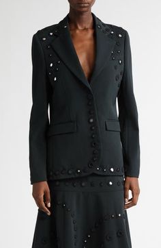 This wool-blend blazer showcases designer Grace Wales Bonner's talent as a tailor and knowledge as a fashion and cultural historian. The style features soft tailoring and hand-crocheted frames around small round mirrors, adding illumination to the unique look. One-button closure Notched lapels Chest welt pocket; front flap pockets Back vent Lined 75% wool, 25% nylon Dry clean Made in Italy Designer Clothing Black Owned/Founded Small Round Mirrors, Business Suits, Soft Tailoring, Wales Bonner, Clothing Black, Business Suit, Round Mirrors, Outerwear Women, Hand Crochet