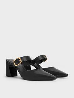 Black Pointed-Toe Mary Jane Heeled Mules Black Ankle Strap Mules For Work, Black Mules With Wrapped Heel For Work, Black Mules With Sculpted Heel And Ankle Strap, Modern Black Mules With Heel Strap, Charles And Keith Shoes, Workwear Outfits, Sustainable Wardrobe, Moon Bag, Shoe Inspiration