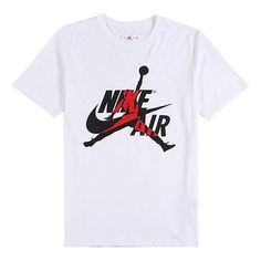 the nike air jordan t - shirt is white with black and red