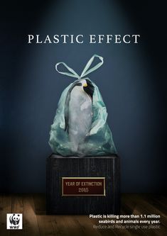 a penguin wrapped in plastic sitting on top of a wooden table next to a sign that says plastic effect