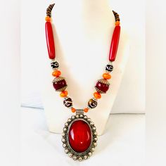 These Beautiful Himalayan Necklaces Having Unique Design Long Necklace Will Be A Perfect Touch To Your Outfit N Clothes. Red Long Necklace Jewelry For Gifts, Vintage Red Necklaces For Festivals, Vintage Red Round Pendant Jewelry, Red Vintage Jewelry For Festivals, Red Large Pendant Jewelry For Gift, Traditional Red Round Pendant Jewelry, Red Jewelry With Large Pendant For Gift, Traditional Red Necklace With Round Pendant, Red Bohemian Necklace With Large Pendant