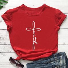 Cross Faith Christian Statement Shirt Faith Christian, Red Peach, Red Tee, Cute Sneakers, Bee Print, Blue Jean Shorts, Statement Shirt, Bee Happy, Black White Pink