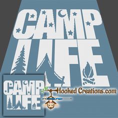 the camp life logo is shown in white and blue with an image of a monkey on it