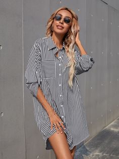 Black and White Casual  Three Quarter Length Sleeve Polyester Striped Shirt Embellished Non-Stretch Spring/Summer Women Dresses Striped Shirt Women, Striped Tunic Dress, Split Maxi Dress, Clubwear Dresses, Belted Shirt Dress, Ribbed Knit Dress, Dress Shirt Sleeves, Vintage Maxi Dress, Ruffle Hem Dress