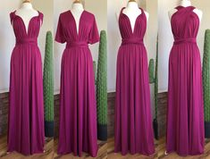 three different views of the back of a purple bridesmaid's dress, one in