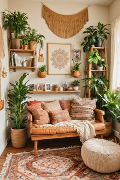 a living room filled with lots of potted plants next to a wall mounted shelf