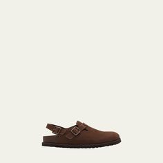 BIRKENSTOCK "Tokio" suede comfort clogs. 0.4" flat heel. Round toe. Buckle strap at vamp. Adjustable slingback strap. Molded footbed. Lightweight, flexible EVA outsole. Made in Germany.