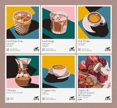 four different types of coffees and drinks on the same page, each with their own name