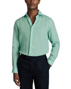 Reiss Ruban Long Sleeve Button Front Linen Shirt Classic Green Tops With Spread Collar, Fitted Green Top With Spread Collar, Green Fitted Top With Spread Collar, Green Spread Collar Shirt For Spring, Green Top With Button Cuffs And Spread Collar, Green Tops With Button Cuffs And Spread Collar, Modern Green Long Sleeve Tops, Green Shirt With Button Cuffs And Spread Collar, Formal Green Tops With Button Cuffs