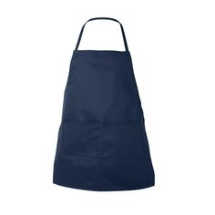 an apron that is dark blue and has two pockets on the front