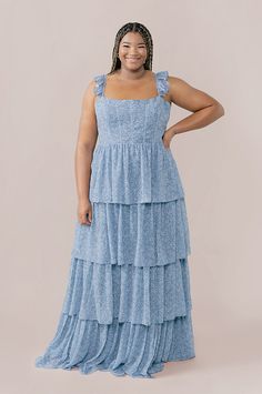 Model: Ashtyn; Size: 24 Tall; Color: Dusty Blue Posey Prom Dresses Thick Straps, Dusty Blue Floral Dress, Hamptons Wedding, Wedding Parties Colors, Corset Boning, Blue Bridesmaid Dress, Large Floral Print, Chiffon Floral, Bridesmaid Dress Colors