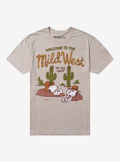 Yee-haw! Kick back in the "Mild West" in this Peanuts tee! Featuring Snoopy and Spike wearing cowboy hats and lounging on rocks in the middle of the desert.100% cottonWash cold; dry lowImportedListed in men'sunisex sizes Snoopy Shirt, Exploding Kittens, Location Icon, Felix The Cats, Cartoon Man, Bee And Puppycat, Retro Tv, Peanuts Snoopy, Cartoon Tv