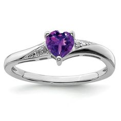 Sterling Silver Rhodium-plated Amethyst Diamond Ring. Material: Primary - Purity:925|Stone Type_1:Amethyst|Stone Type_2:Diamond|Stone Color_1:Purple|Stone Quantity_1:1|Stone Quantity_2:2|Plating:Rhodium|Band Width:2 mm|Stone Setting_1:Prong Set|Stone Setting_2:Pav|Stone Weight_1:0.415 ct|Stone Weight_2:0.007 ctw (total weight)|Feature:Solid|Manufacturing Process:Casted|Material: Primary:Sterling Silver|Stone Shape_1:Heart|Stone Shape_2:Round|Stone Size_1:5 mm|Stone Size_2:0.9 mm|Stone Treatment_1:Heating|Item Weight U/M:gm|Product Type:Jewelry|Jewelry Type:Rings|Material: Primary - Color:White|Ring Type:Gemstone|Plating Color:Silver Tone|Stone Creation Method_1:Natural|Stone Creation Method_2:Natural Size: 7.0.  Gender: unisex.  Age Group: adult. Heart Purple, Silver Ring Band, Amethyst And Diamond Ring, Purple Diamond, Heart Shaped Rings, Sterling Silver Rings Bands, Heart Gemstone, Green Quartz, Jewelry Rings Diamond