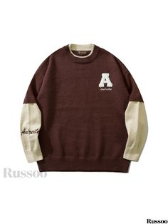 Russoo - Mens Autumn Winter Crew Neck Sweaters with Preppy Letter Print Design and Faux Two-Piece Styling, Ideal for Casual Medium Stretch Comfort Brown Letter Print Sweater For Winter, Winter Brown Letter Print Tops, Winter Brown Tops With Letter Print, Brown Letter Print Tops For Winter, Mens Preppy Style, Crew Neck Sweaters, Preppy Mens Fashion, Print Sweater, Printed Sweater