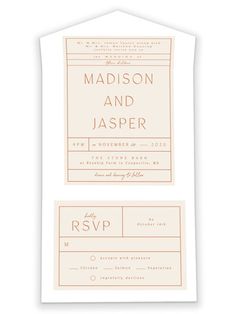 the wedding stationery is shown in peach and white