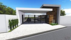 an artist's rendering of the entrance to a modern home with wood and glass doors