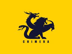 a black and yellow logo with a dragon on it's head, in the middle of