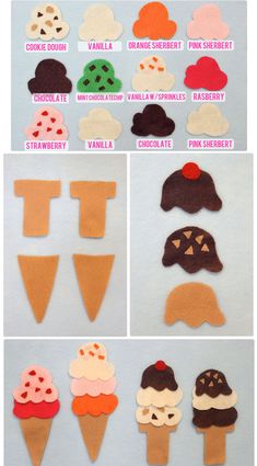 an assortment of ice cream cones with different shapes and sizes, all made out of felt