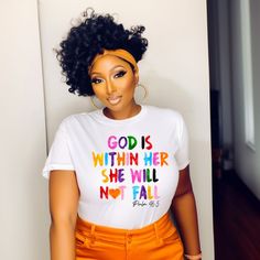 ✨👑 Sis, have you seen our latest tee? 'God is within her; she will not fall.' (Psalm 46:5) 💖 This powerful reminder is not just a statement – it's a declaration of the strength and resilience that comes from having Christ within you. In every trial, every challenge, and every victory, remember that God is with you, guiding your steps and empowering you to overcome. With His presence within you, there's nothing you can't handle, no obstacle you can't conquer, and no dream you can't achieve. ... Christian Shirts For Women Creative, Cricut Shirt Ideas Women Christian, Christian Business Ideas, Names Of God Shirt, Faith Tshirts On Foundation, Women Of The Bible Tshirt