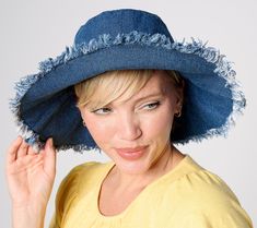 Sun's out? Reach for this wide-brimmed denim hat finished with fabulous fringe. Flip up the front brim, or leave it down for a little extra coverage. From Sprigs. Casual Hats With Fringe And Curved Brim, Casual Sun Hat With Fringe And Curved Brim, Brimmed Denim Summer Hat, Summer Denim Brimmed Hat, Summer Brimmed Denim Hat, Spring Brimmed Hat With Fringe, Spring Flat Brim Hat With Fringe, Brimmed Denim Sun Hat For Spring, Denim Brimmed Sun Hat For Spring