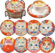 six coasters with cats on them and a cup of coffee