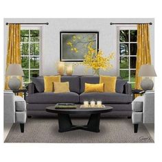 a living room filled with furniture and yellow curtains