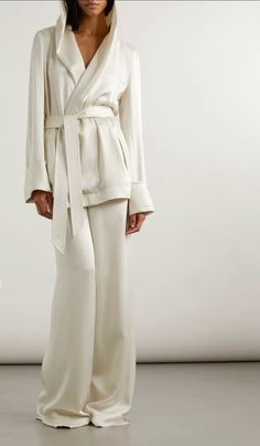 Wide Satin Pants Outfit, Net A Porter Pajamas, Elegant Silk Pants For Daywear, Elegant Wide Leg Pants For Loungewear, Elegant Cream Wide Leg Lounge Pants, Silk Wide Leg Pants Outfit, Satin Pants Outfit Classy, Satin Pants Outfit