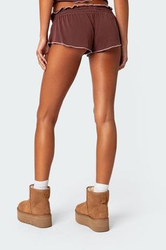 PRODUCT INFO Loungewear shorts Gathered stretch waist Mini bow detail Contrast hem Polyester, Rayon, Spandex Model wears size S Model height is 5'9 Item care: Wash with similar color Athleisure Brown Shorts Short Length, Sporty Brown Bottoms With Built-in Shorts, Sporty Stretch Brown Shorts, Sporty Brown Bottoms With Short Leg, Sporty Brown Short Leg Bottoms, Sporty Brown Shorts, Sporty Brown Athletic Shorts, Stretch Brown Bottoms With Built-in Shorts, Brown Athleisure Short Bottoms