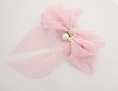 "chiffon bow french barrette It is solid color and in detail, vertical stripe and dot pattern (This is not print but special pattern work ) droopy style hanging tail bow fairly light solid color tone Rows of faux pearl ball decoration at the center Size of hair bow (Length * Height) : 5.9\" *7.08\"= 15 cm * 18 cm" Elegant Pink Hair Accessories With Bow, Elegant Spring Hair Accessories With Decorative Bow, Elegant Pink Ribbon Hair Accessories, Elegant Pink Hair Accessories With Ribbon, Pattern Hair, Ball Decorations, French Barrette, Head Accessories, Long Tail