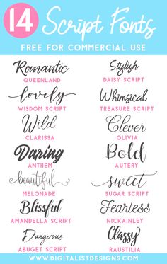 four different types of script font with the words, free for commercial use in pink and blue