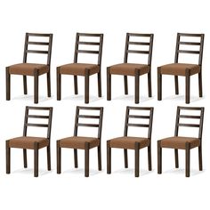 six wooden chairs with brown upholstered seat covers on each side and one in the middle