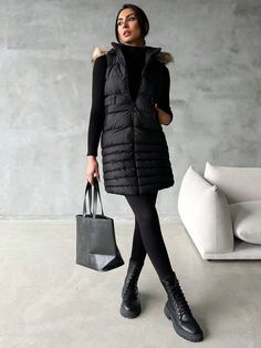 Women's Hooded Vest With -padded Lining, Sleeveless Black Casual  Sleeveless Fabric Plain vest,Puffer Non-Stretch  Women Clothing, size features are:Bust: ,Length: ,Sleeve Length: Fall Vest With Detachable Hood, Sleeveless Vest With Detachable Hood For Fall, Fall Sleeveless Vest With Detachable Hood, Winter Sleeveless Vest For Cold Weather, Sleeveless Vest For Winter Cold Weather, Winter Cold Weather Sleeveless Vest, Sleeveless Vest For Cold Weather And Winter, Sleeveless Vest For Cold Weather, Sleeveless Puffer Outerwear For Winter