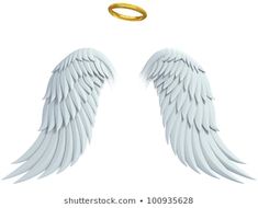 two white angel wings with gold rings in the sky