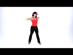 a woman in red shirt and black pants standing on white background with arms outstretched to the side