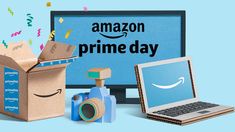 an amazon prime day box with a laptop and other items next to it on a blue background