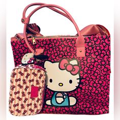 Hello Kitty 3 Piece Travel Set There Is A Large Travel Tote Bag, A Crossbody Bag & A Luggage Tag. New With Tags The Tote Bag Is 17.75” Across 14.5” Tall 8” Deep Crossbody Bag Is 8” Across 5” Tall 2” Deep Inside The Tote Looks To Have A Laptop Cushion And Inside Zipper Pocket. The Crossbody Bag Has Two Separate Zippered Areas. Hello Kitty Travel, Kitty Items, Travel Tote Bag, Fashion Articles, Hello Kitty Items, Girly Accessories, The Tote Bag, Travel Set, Travel Tote