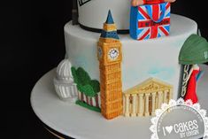 there is a cake decorated with the british flag and big ben