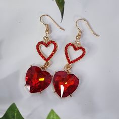 Beautiful Hook Style Gold Tone With Red Crystal Stones Double Heart Design New @Ebin Casual Dressy Work Office Wedding Everyday Simple Red Heart Earrings For Wedding, Red Dangle Heart Earrings For Anniversary, Red Heart Earrings For Valentine's Day Wedding, Red Heart Earrings For Wedding On Valentine's Day, Red Dangle Heart Earrings For Party, Red Dangle Heart Earrings For Wedding, Red Dangle Heart Earrings For Valentine's Day, Red Double Heart Earrings For Party, Red Heart Charm Earrings For Party