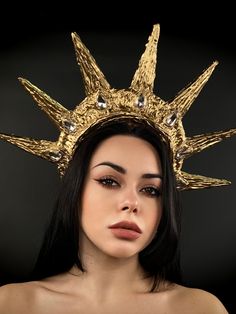 Photoshoots Crown Statue of Liberty Fantasy Crown For Cosplay, Fantasy Crown Costume Accessories For Cosplay, Fantasy Crown Costume Accessory, Fantasy Gold Headpiece For Costume, Fantasy Tall Crown Headpiece For Festivals, Gold Fantasy Costume Hats And Headpieces, Fantasy Festival Headpiece With High Crown, Fantasy Festival Headpiece With Round Crown, Mystical Crown Headpiece For Masquerade