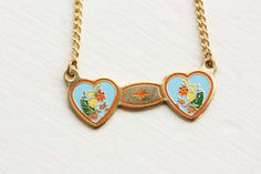 Double Heart Necklace, Heart Necklace, Blue Necklace, Enamel Necklace, Two Heart Necklace, Flower Ne Blue Enamel Necklace For Anniversary, Retro Heart-shaped Necklace Gift, Retro Heart-shaped Necklace For Gift, Vintage Heart Enamel Necklaces, Vintage Heart Enamel Necklace, Vintage Enamel Heart Necklaces, Vintage Enamel Heart Necklace, Vintage Heart-shaped Enamel Jewelry, Vintage Blue Enamel Necklace