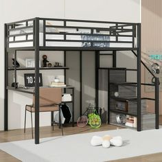 a loft bed with a desk underneath it