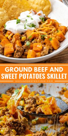 ground beef and sweet potato skillet with tortilla chips on the side in a white bowl