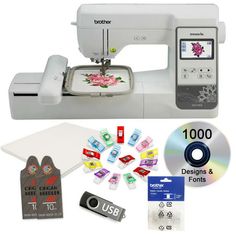 the sewing machine is next to its contents and instruction manual for it's user