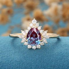 Pear cut Alexandrite | Diamond Engagement ring Yellow Gold Diamond Engagement Ring, Rose Gold Diamond Ring Engagement, Moissanite Engagement Ring Solitaire, Emerald Cut Moissanite, Unique Bands, Double Diamond, Alexandrite Ring, Engagement Rings Bridal Sets, Cluster Engagement Ring