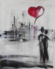 an abstract painting with a man and woman holding a heart shaped balloon in the air