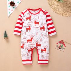 Baby Boys Christmas Deer Printed Romper Baby Clothing Wholesale - PrettyKid Cute Christmas Holiday Onesie, Cute Cotton Christmas Onesie, Cute Christmas Cotton Onesie, White Holiday Onesie For Winter, Playful Christmas Onesie For The Holidays, Playful Christmas Onesie For Holiday, Cute Christmas Onesie, Playful Christmas Onesie, White Winter Holiday Onesie